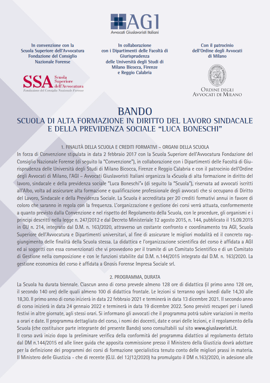 APERTURA ISCRIZIONI 7 GENNAIO 2021 IX Biennio (2021-2022) Scuola di Alta Formazione in Diritto del Lavoro